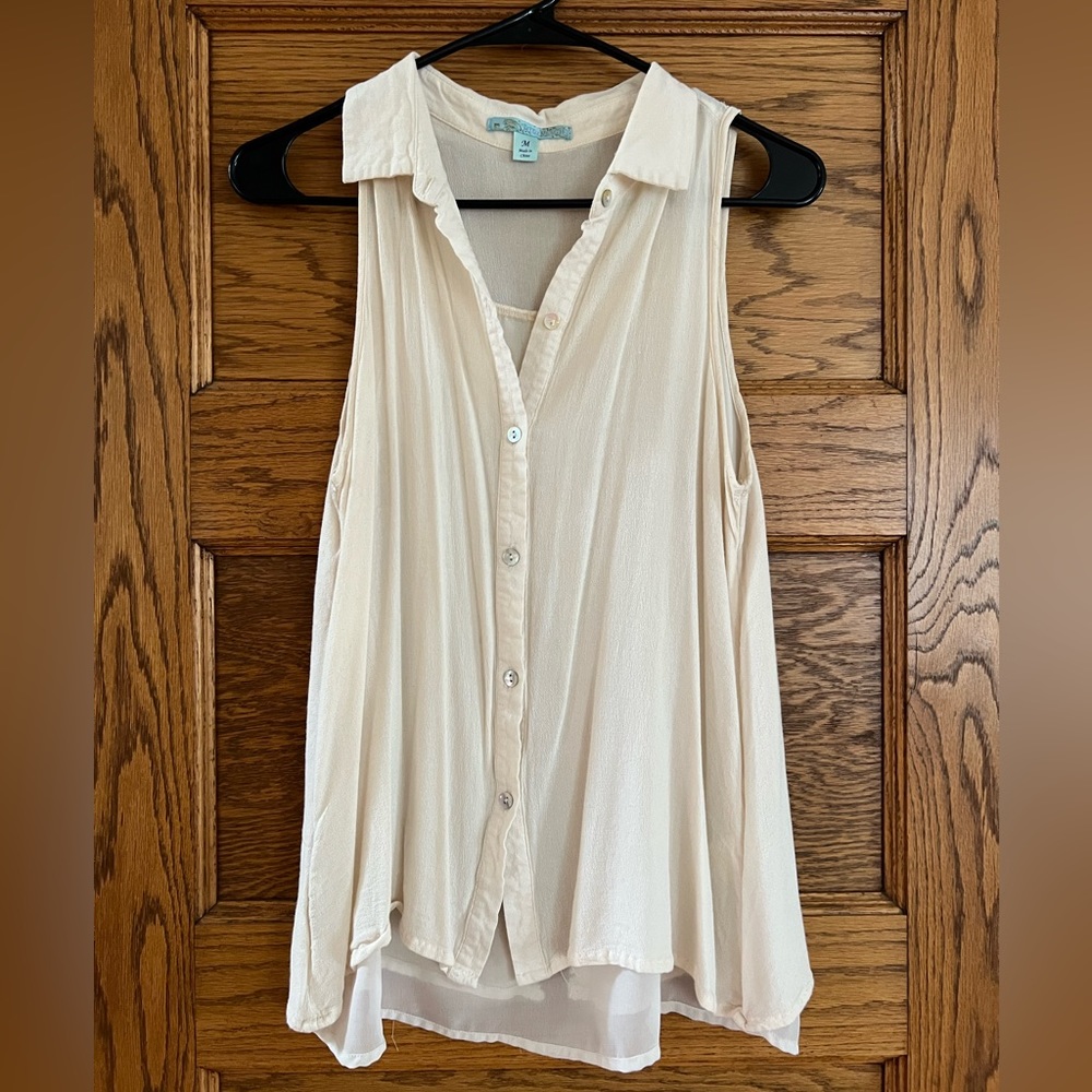 White semi sheer button up tank with split back